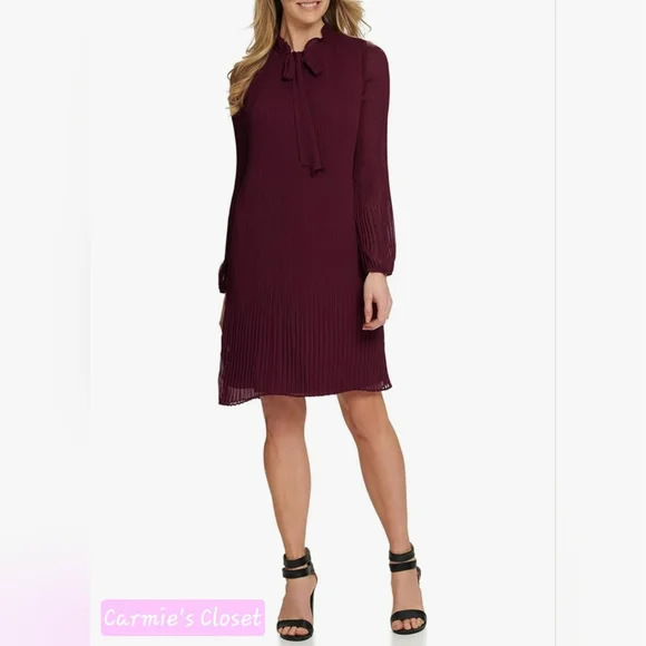 NWTOBO DKNY Women's Long Sleeve Tie Neck Pleated Dress Maroon Size 8 NWTOBO DKNY Women's Long Sleeve Tie Neck Pleated Dress Maroon Size 8